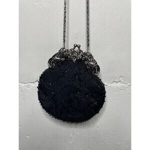 Jessica McClintock Black Beaded Evening Bag Long Chain Strap